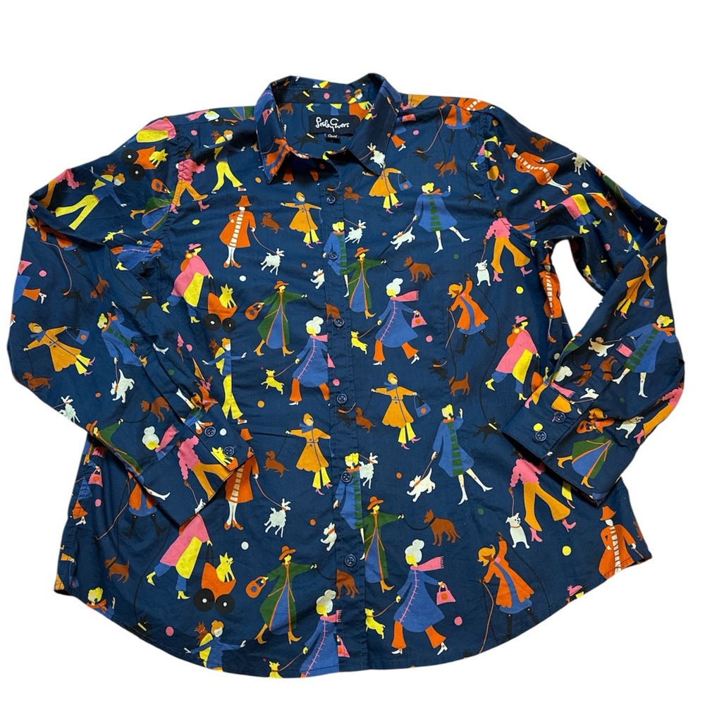 Lesley Evers 1X Novelty Dog Walker Print Button Down Shirt Blue Long Sleeve